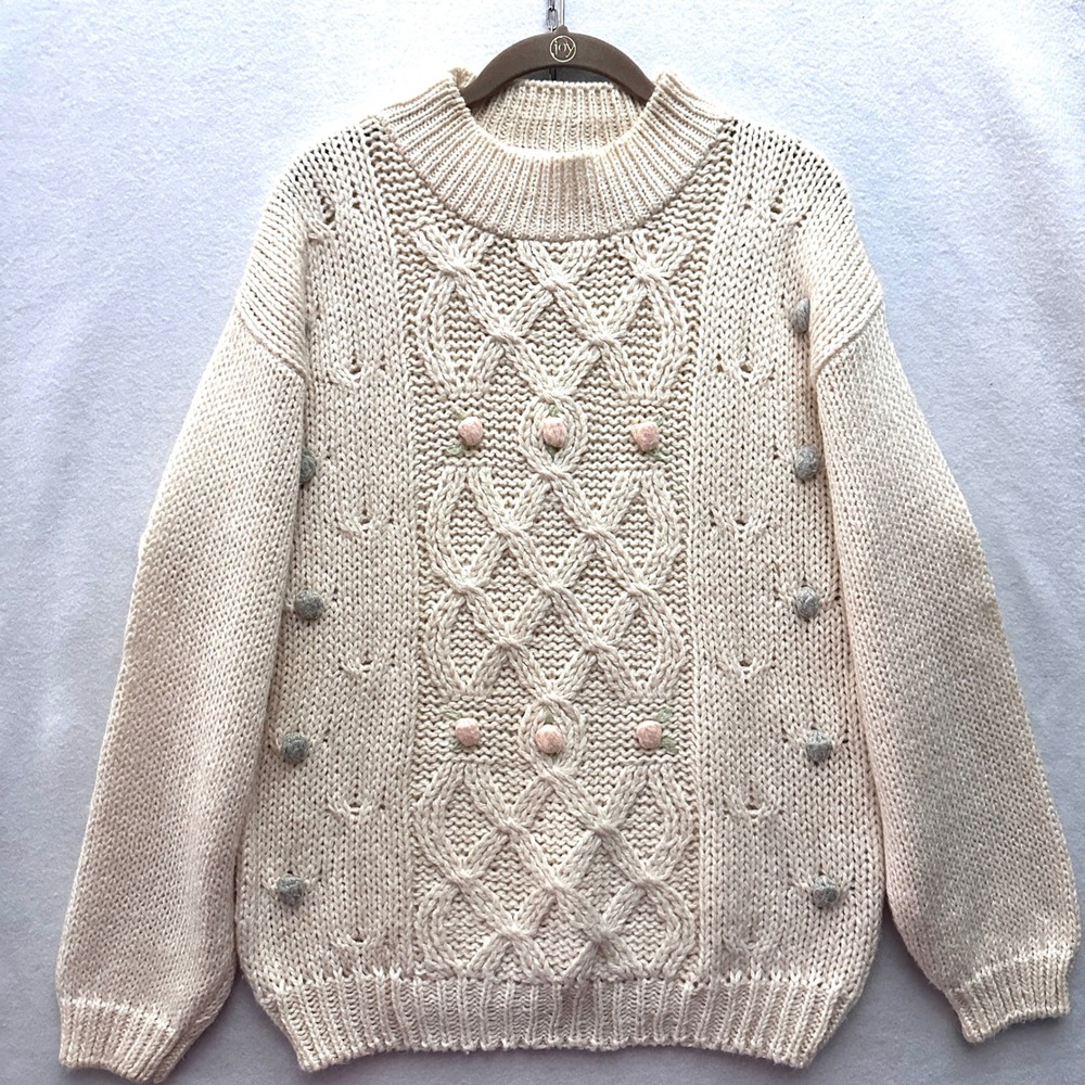 Vintage Jason Maxwell L Hand Knit Floral Pom Pom Cable Sweater Cream Grandma